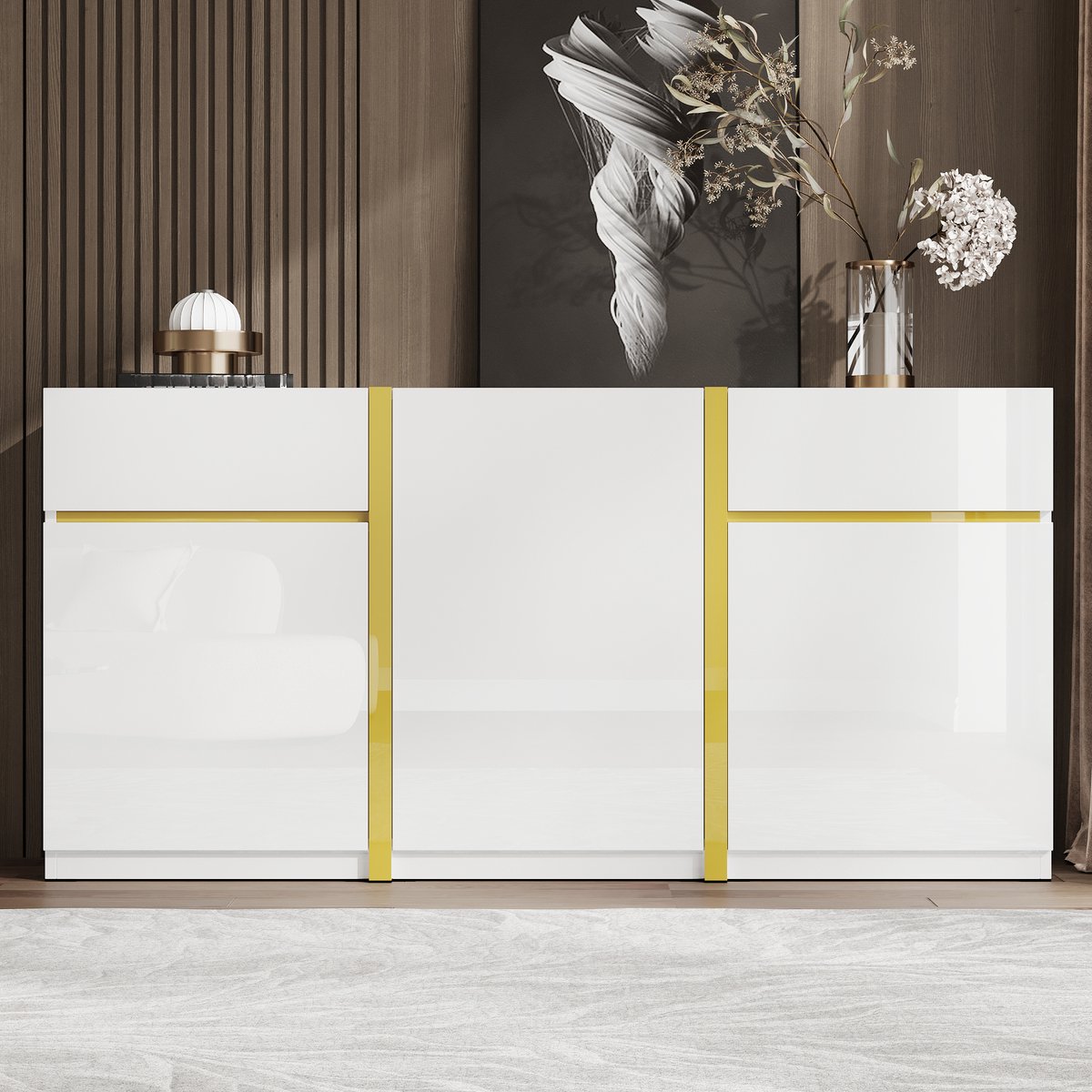 VVBV Ladekast Dressoir met 3 Deuren, Voor Hal/Entree - Voor Woonkamer, Opbergruimte, Deuren, Lades, Verstelbaar, Hoogglans