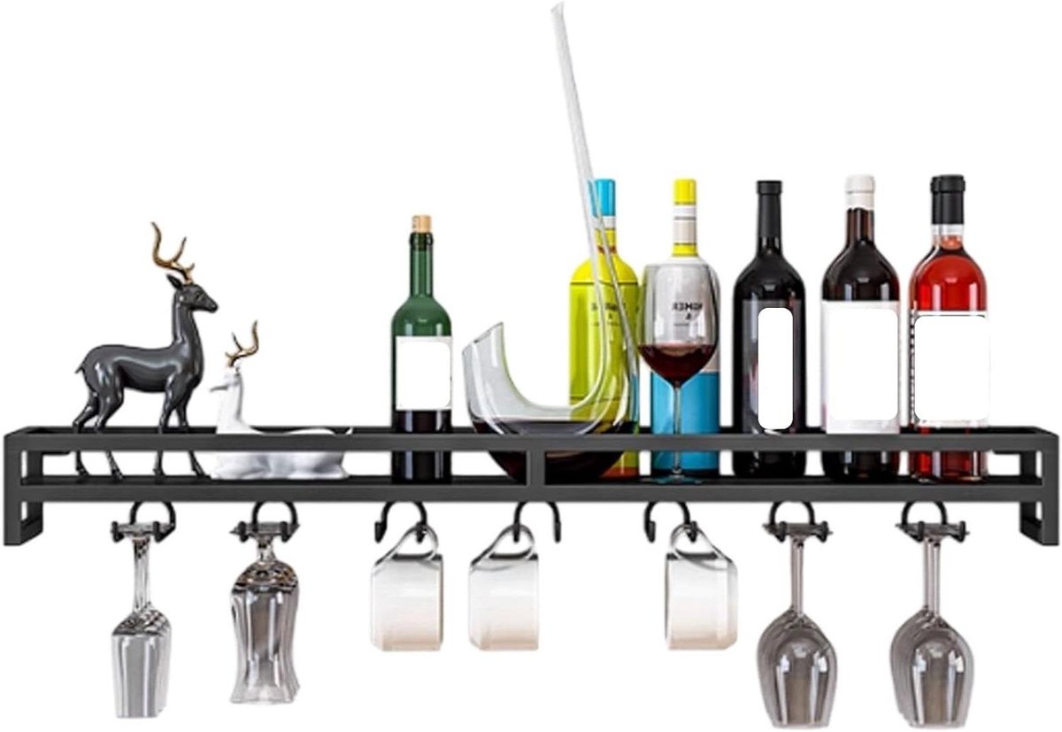 Metalen Wijnrek - Bar Plank - Drank Opslag - Met Glashouder - 60 cm - Zwart
