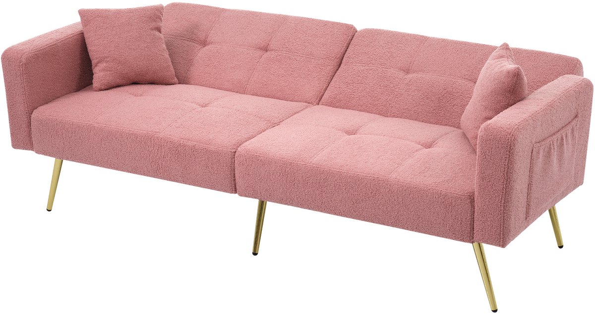 Wishdor - Slaapbank - Verstelbare Rugleuning En Zijvakken - Met Vergulde Poten - Sherpa - Roze - 175 X 64 X 72 Cm