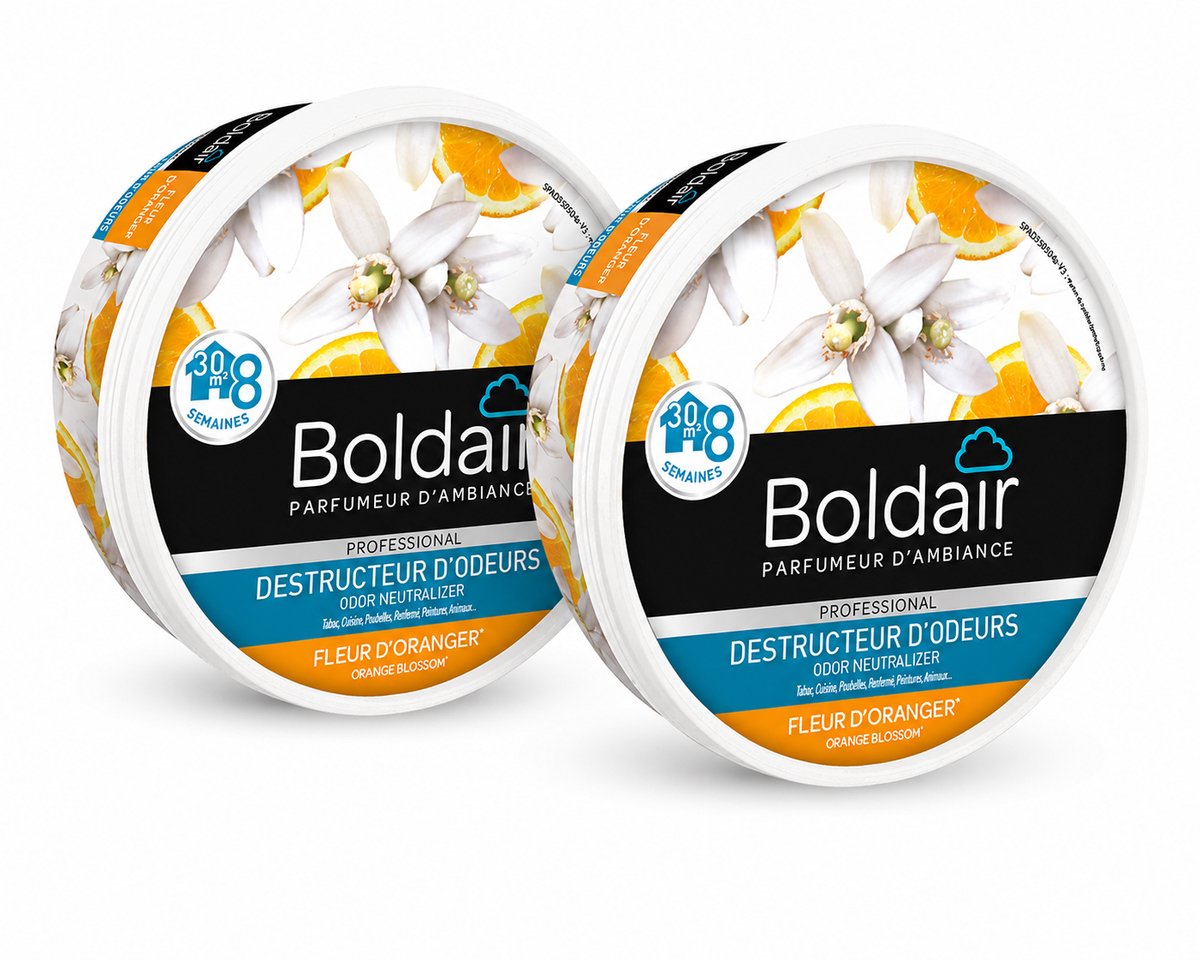 Boldair Geurverdrijver Gel Fleur d'Oranger 300 g - Set van 2 Stuks - Professionele Luchtverfrisser Geurneutralisator - 8 Weken Werking tot 30 m² - Made in France Grasse