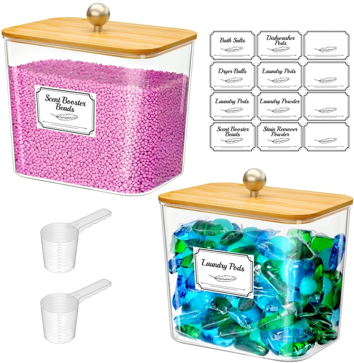Dailygoods - 2-Pack Wasmiddelcontainers met Houten Deksels voor Organisatie in de Keuken