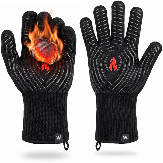 Deux gants noirs résistants à la chaleur avec logo flamme rouge et bandes adhérentes grises.