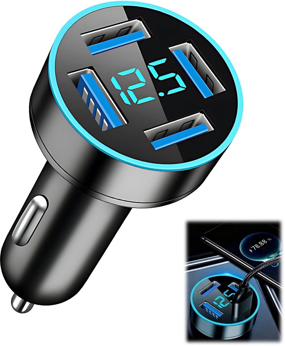 Dailygoods - 66W USB Autolader met 4 Poorten en LED-Voltmeter