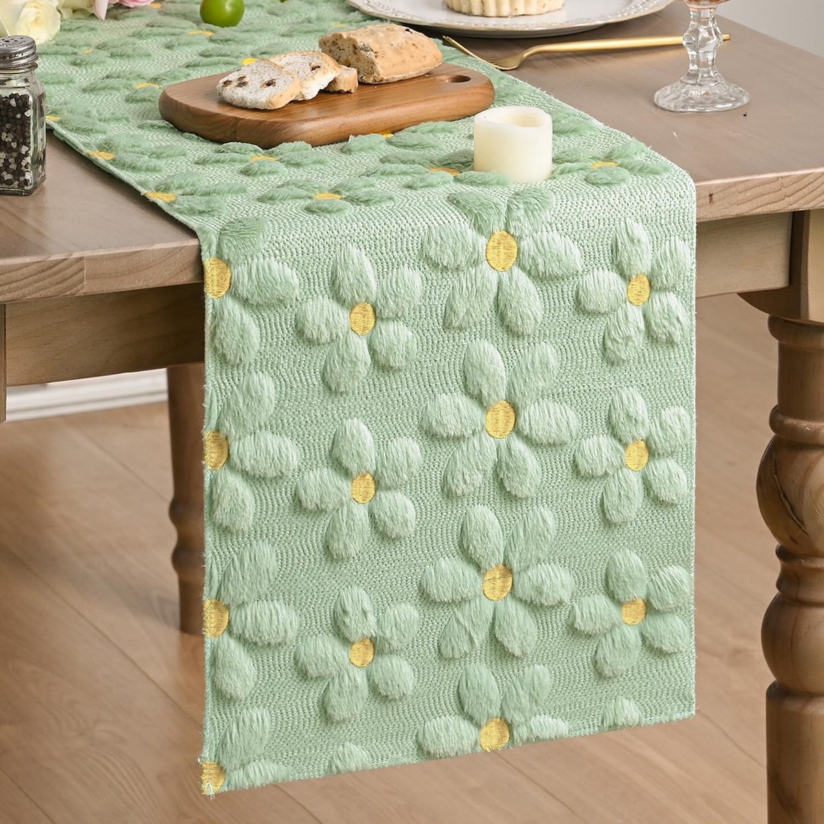 Dailygoods - Zachte Pluche Imitatiebont Tafelloper Groen Madeliefje