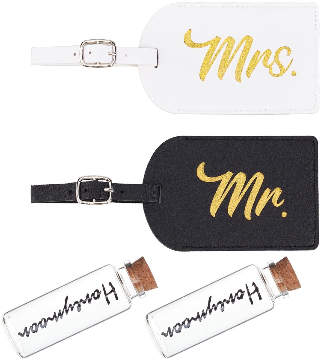 Dailygoods - Set van 2 Mr en Mrs Etiketten met Glazen Flessen