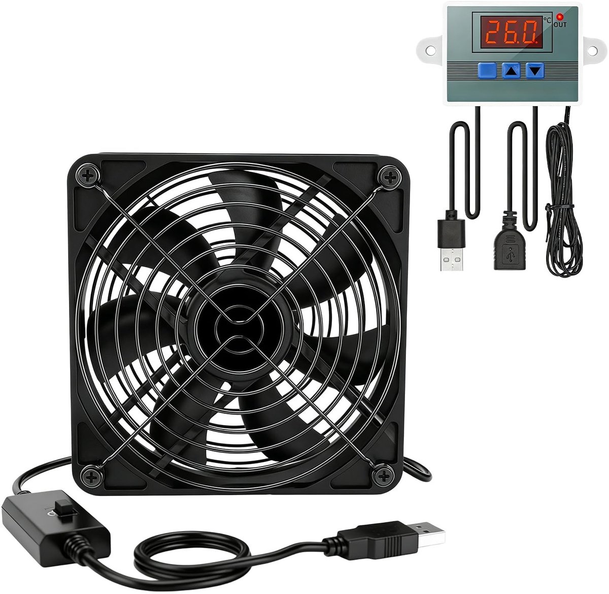 Dailygoods - USB Ventilator 120 mm met Digitale Temperatuurregelaar en 3 Snelheden