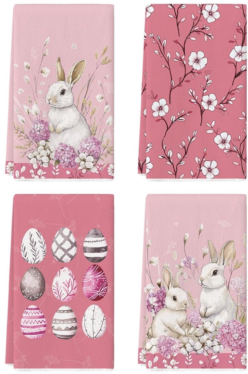 Dailygoods - Set van 4 Roze Theedoeken met Paasdesign en Vlinders