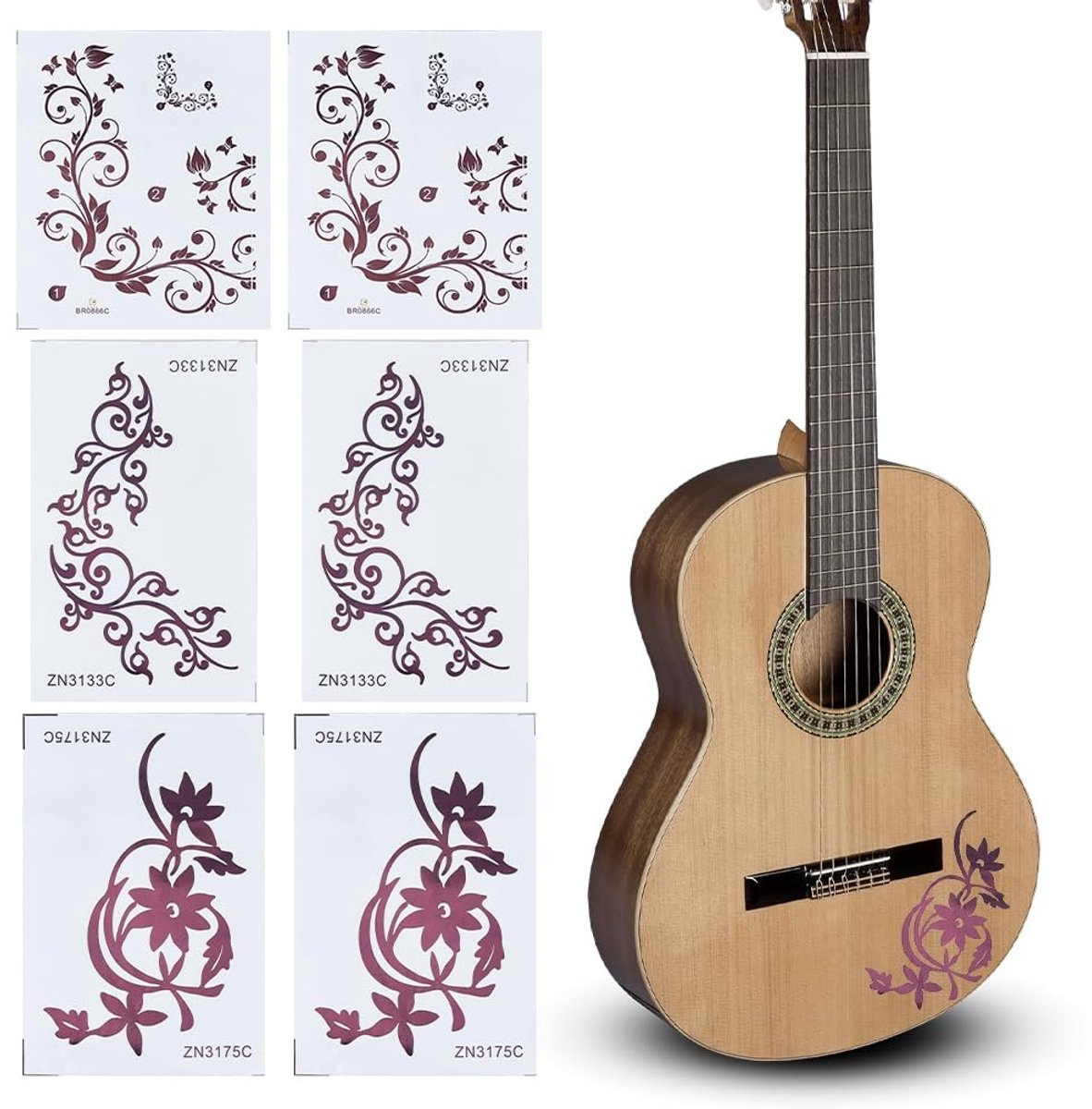 Dailygoods - Cosensi - Dailygoods - Set van 6 Zelfklevende Gitaar Stickers met Bloem Patroon