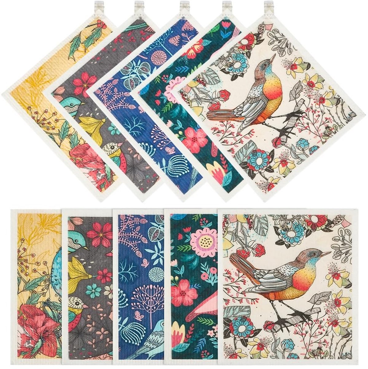 Dailygoods - Set van 10 Zweedse Theedoeken met Bloemenvogels