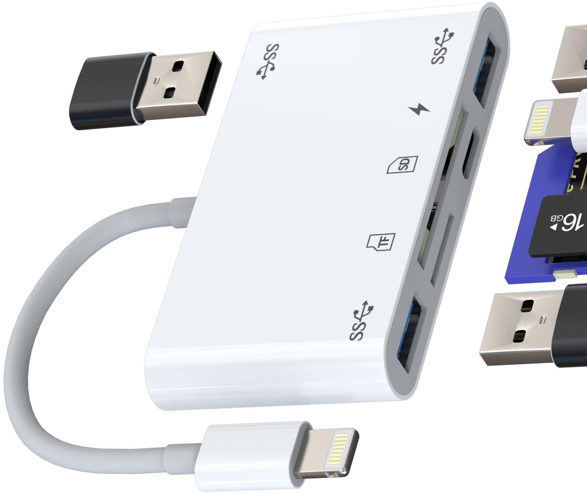 Dailygoods - 6-in-1 Lightning Kaartenlezer met USB 3.0 voor iPhone en iPad