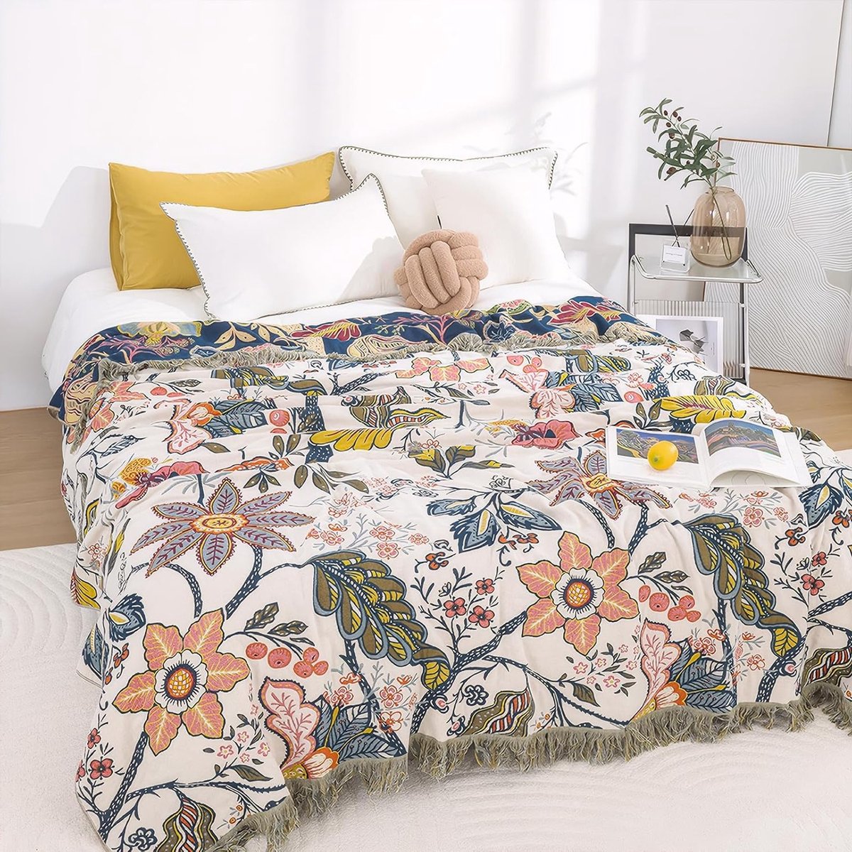Grote Dubbelzijdige Boheemse Dekentje van 100% Biologisch Katoen - Handgeweven Bed- en Sofadeken, Cozy Boho Accent voor 2-3 Zitsbanken en Fauteuils - 150x200cm, Garnet Blossom Wit