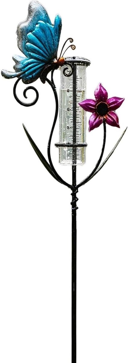 Decoratieve Regenmeter - Tuin Meter - Buiten Weer Meten - Vlinderontwerp - 90cm Hoog - Zwart Blauw