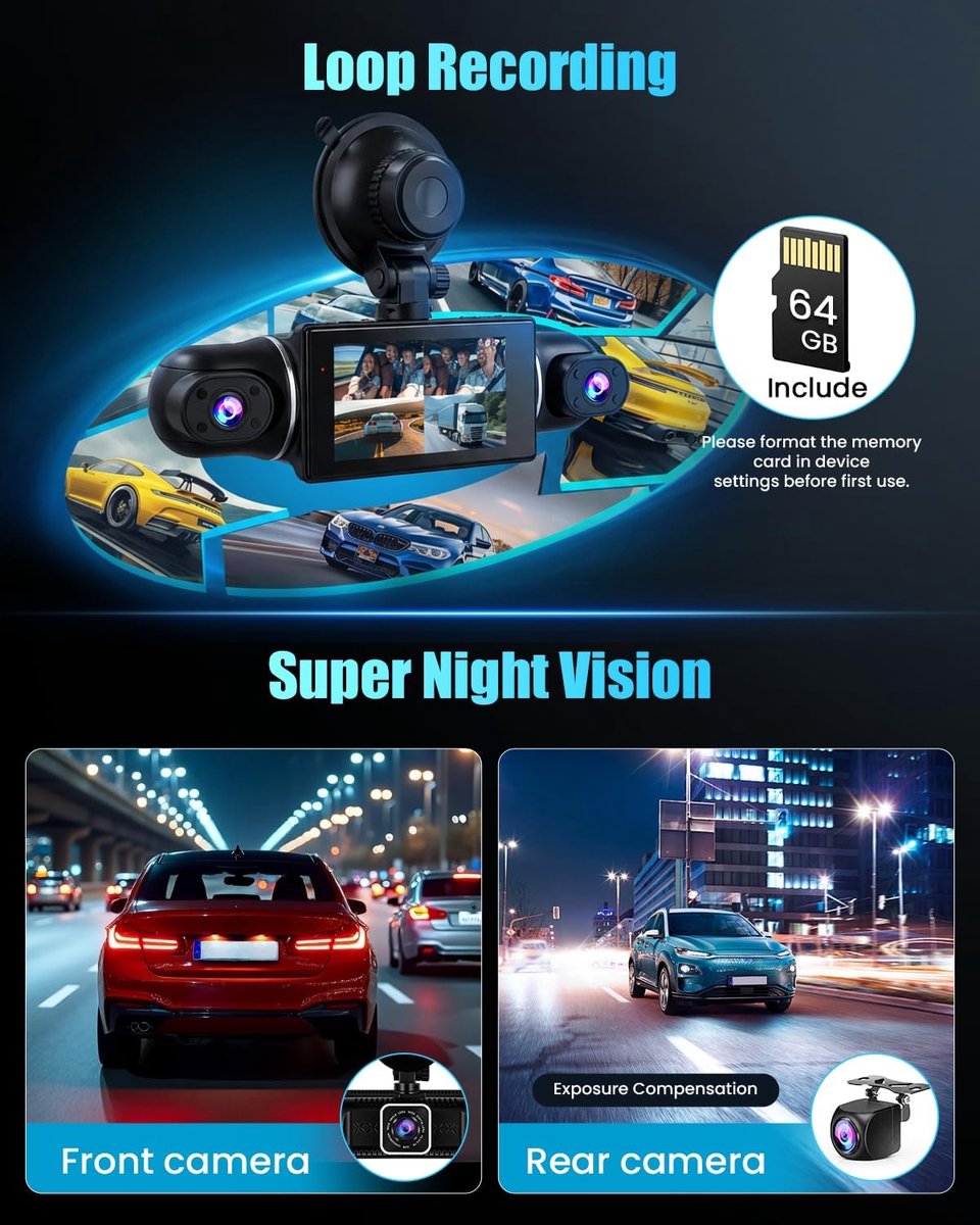 Auto Dashcam - Autocamera Rijrecorder - Veilige Ritten - 4 Kanaals 360° Opname - 3 Inch Scherm - Zwart – foto 6