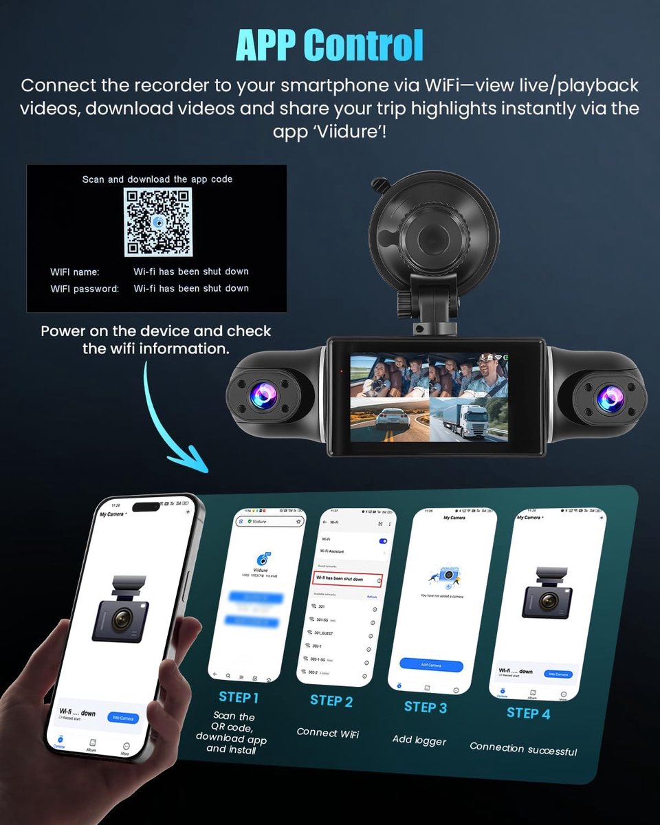 Auto Dashcam - Autocamera Rijrecorder - Veilige Ritten - 4 Kanaals 360° Opname - 3 Inch Scherm - Zwart – foto 2
