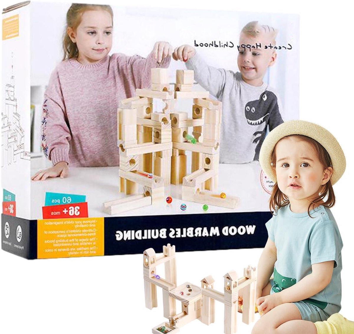 Houten Kralenbaan - Knikkerbaan Bouwspeelgoed - STEM Leren - 60 Delen Puzzel - 25 cm - Natuurlijk Hout