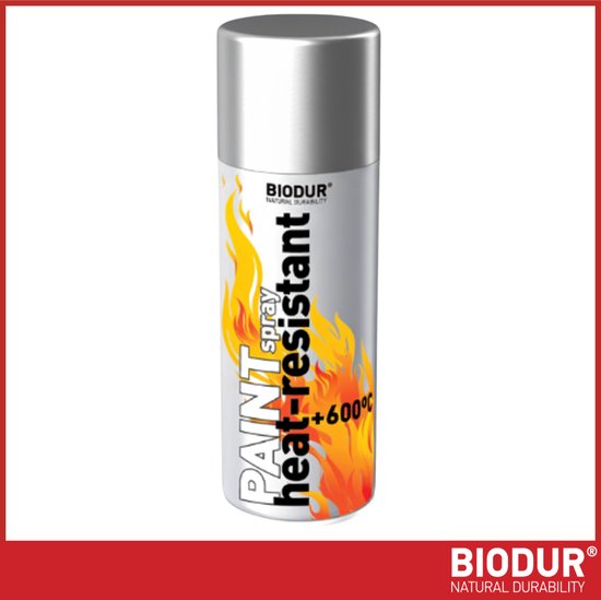 Zilverkleurige BIODUR hittebestendige spuitbus met vlammen-opdruk.