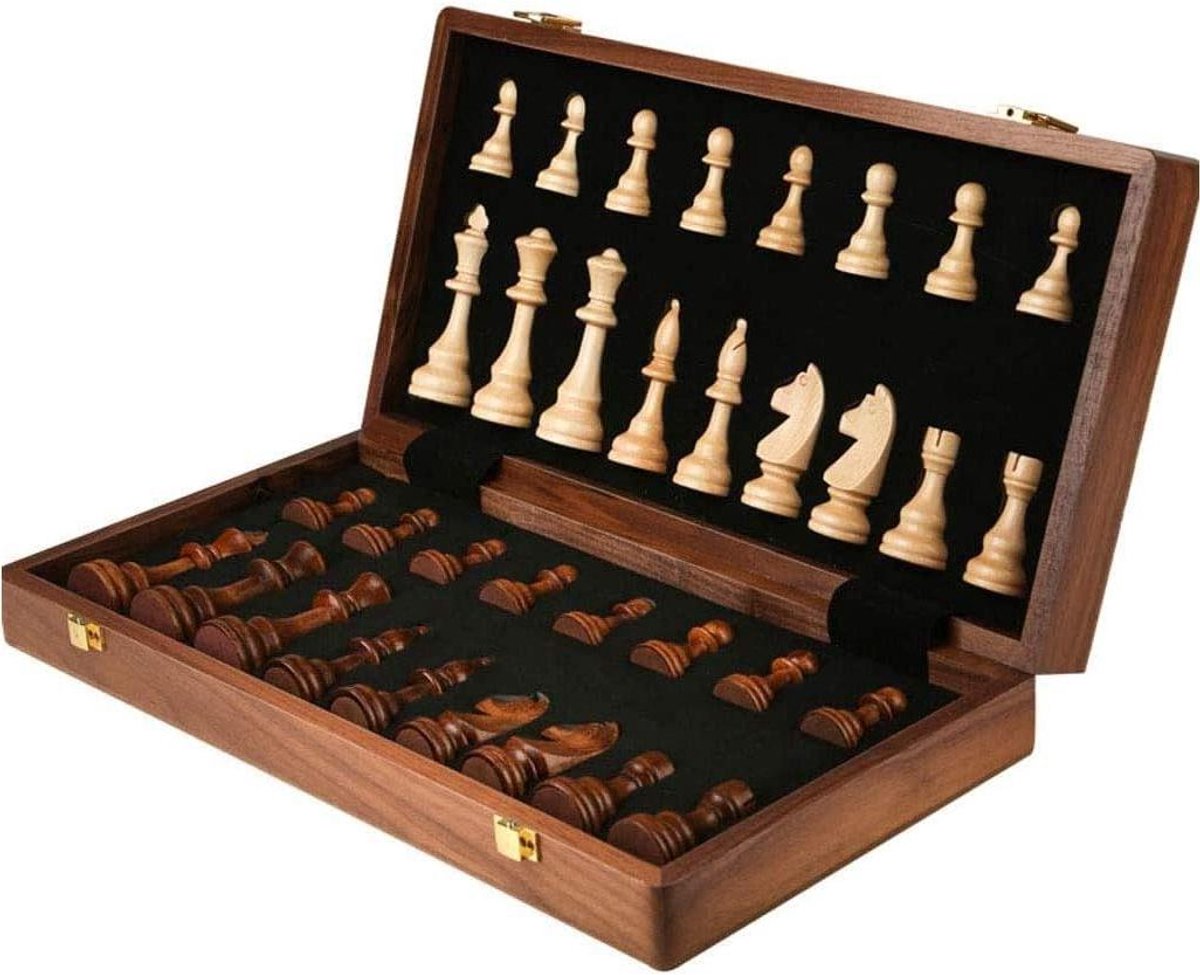 Schaakset Hout - Reisbord Opvouwbaar - Binnen en Buiten - Georganiseerde Opbergruimte - 45 cm - Natuurlijk Hout