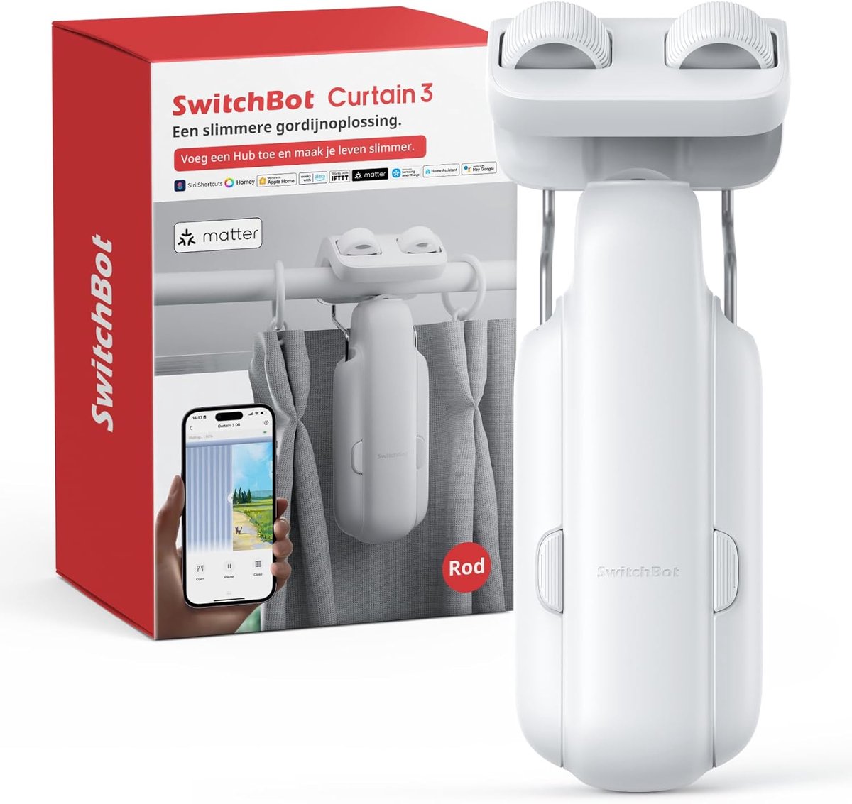 SwitchBot Curtain - Rod/Roede Versie 3 (2025) - Wit - Smart home gordijnmotor - Smart Gordijn - Automatisch gordijn