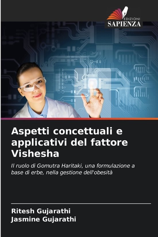 Boekomslag met titel 'Aspetti concettuali e applicativi del fattore Vishesha' en een afbeelding van een vrouw in een laboratoriumjas.