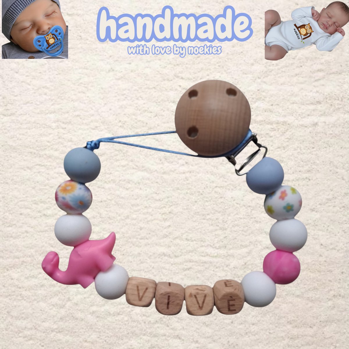noekies naam speenkoord dino langnek roze met bloemetjes Kraamcadeau - Speenketting - Babycadeau - Babyshower nr 10