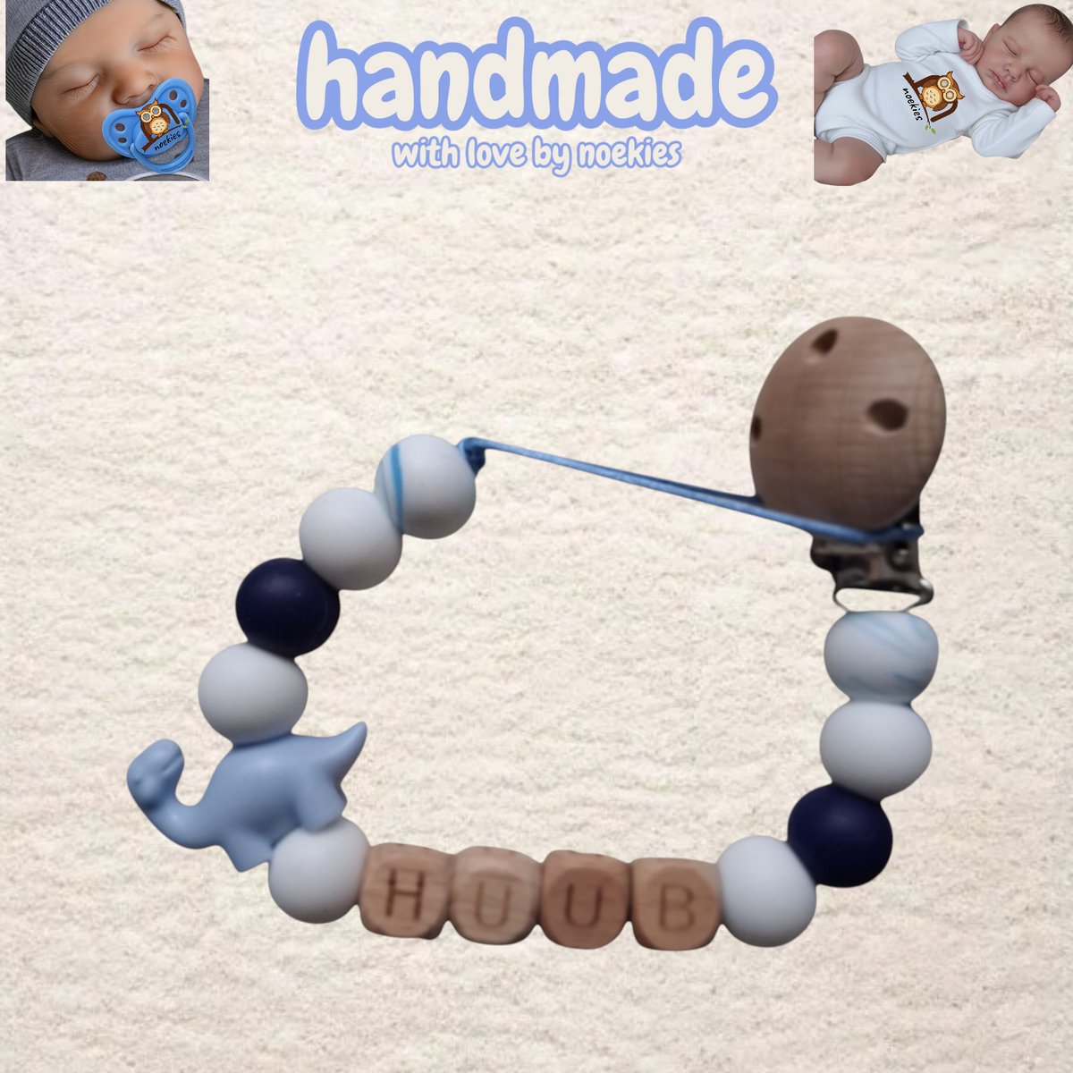 noekies naam speenkoord dino langnek lichtblauw wit Kraamcadeau - Speenketting - Babycadeau - Babyshower nr 9