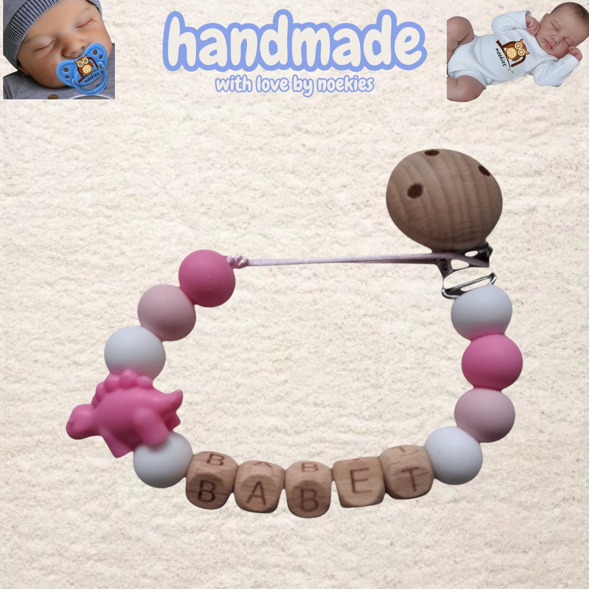 noekies naam speenkoord dino stekel roze wit Kraamcadeau - Speenketting - Babycadeau - Babyshower nr 13