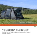 Grijze opblaasbare tunneltent met luifel en stalen stokken.