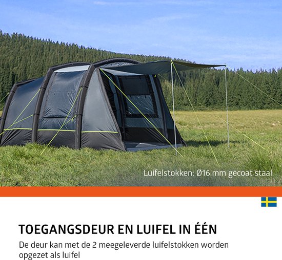 Grijze opblaasbare tunneltent met luifel en stalen stokken.