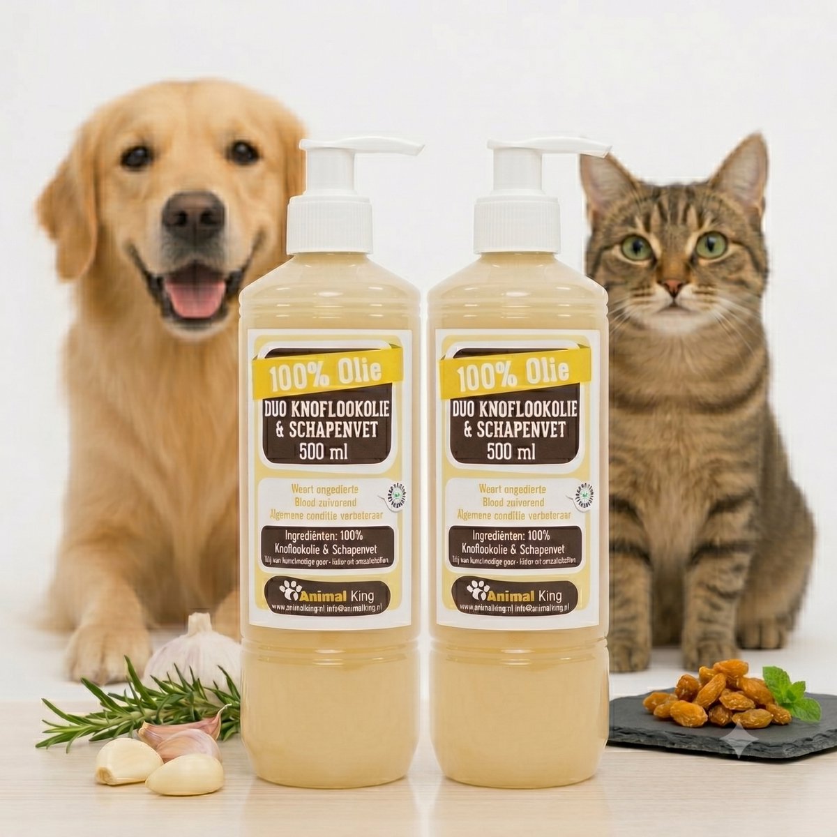 Schapenvet met Knoflook Olie voor Hond en Kat - Ondersteund de Weerstand en Tegen Jeuk - Animalking - vergelijkbaar met Capsules en Bonbons - Alternatief Probiotica - 2 Stuks 500ml