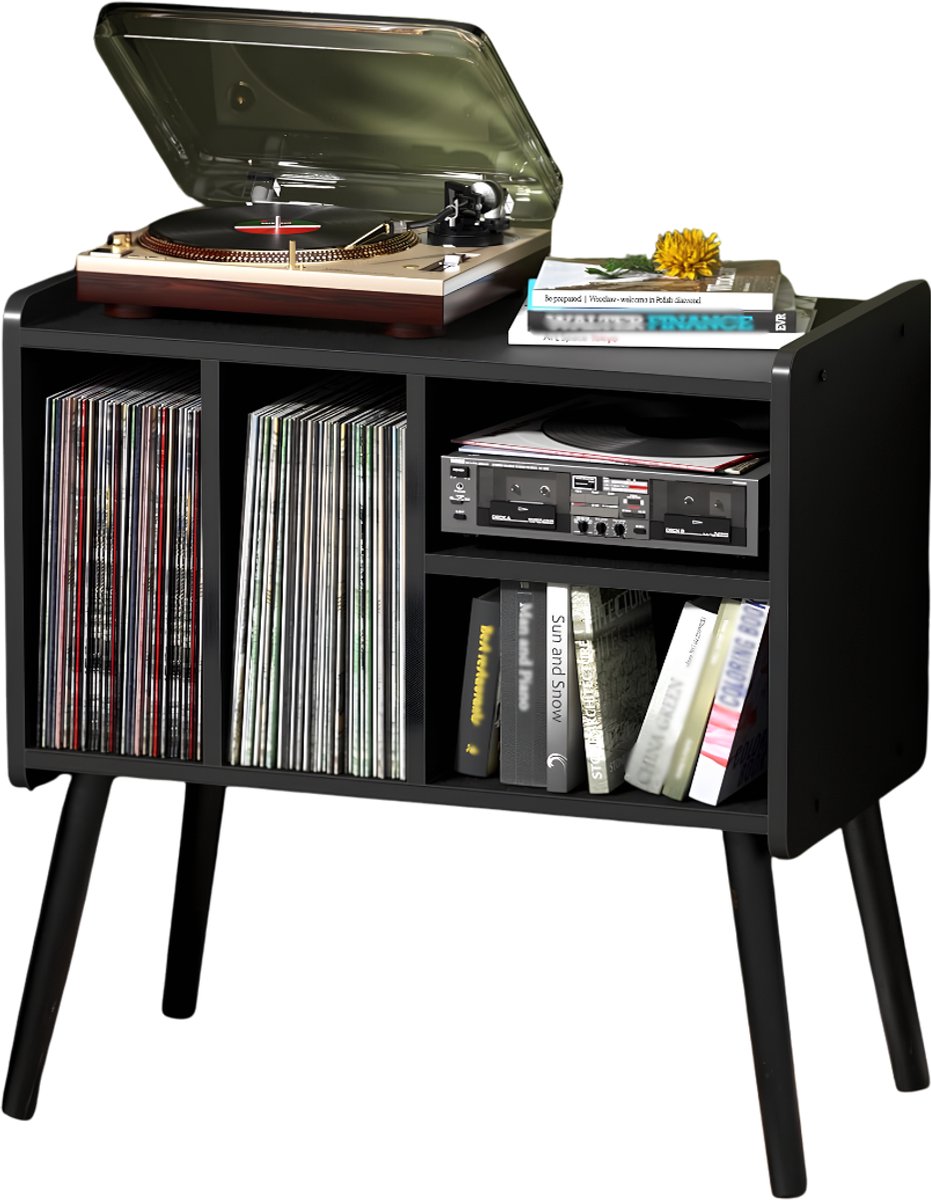 SNJY® Platenspeler Meubel - Platenspeler Kast - LP Houder - Platenhouder - 36,6D x 66B x 64H cm - Zwart