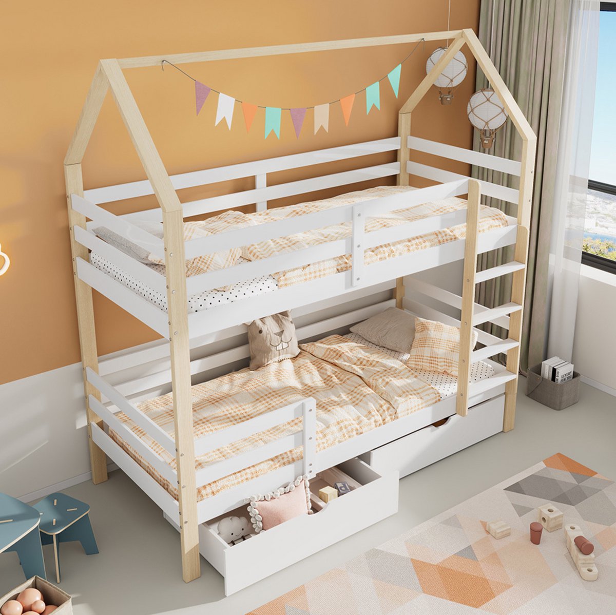 DESMIU Huisvormig Kinderbed 90x200 cm – Veilig Bed met Twee Slaapplaatsen – Met Grote Opberglades – Voor Kinderkamer – Massief Grenenhout – Wit Eiken – Zonder Matras