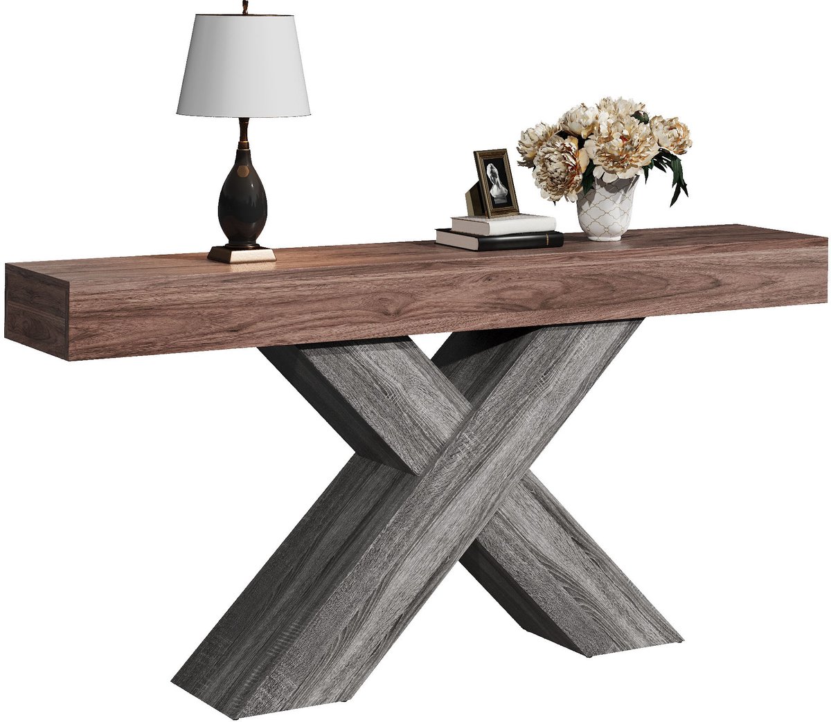 Clruro Consoletafel - X-vormige Poten en Onderplank - Houtlook Ontwerp - Spaanplaat - Houtkleur Walnoot