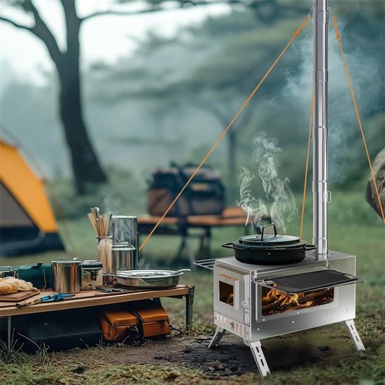 Velori Tentkachel Houtkachel - Camping Kachel met Schoorsteen - Draagbare Houtbrander - RVS Tent Stove - Outdoor Kookkachel - Inclusief Draagtas — afbeelding 4