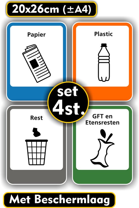 Jerma - Recycling - Sticker - Set 4 st - 20 x 26 cm - Duurzaam Vinyl - Zelfklevend - Weerbestendig