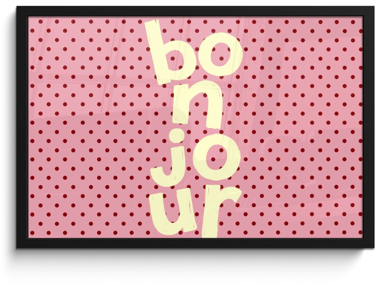 FrameYourWall Poster in lijst - Fotolijst 60x40 cm - Posters - Bonjour - Stippen - Roze- Geel - Posterlijst zwart - Decoratie - Wanddecoratie woonkamer - Muurdecoratie slaapkamer