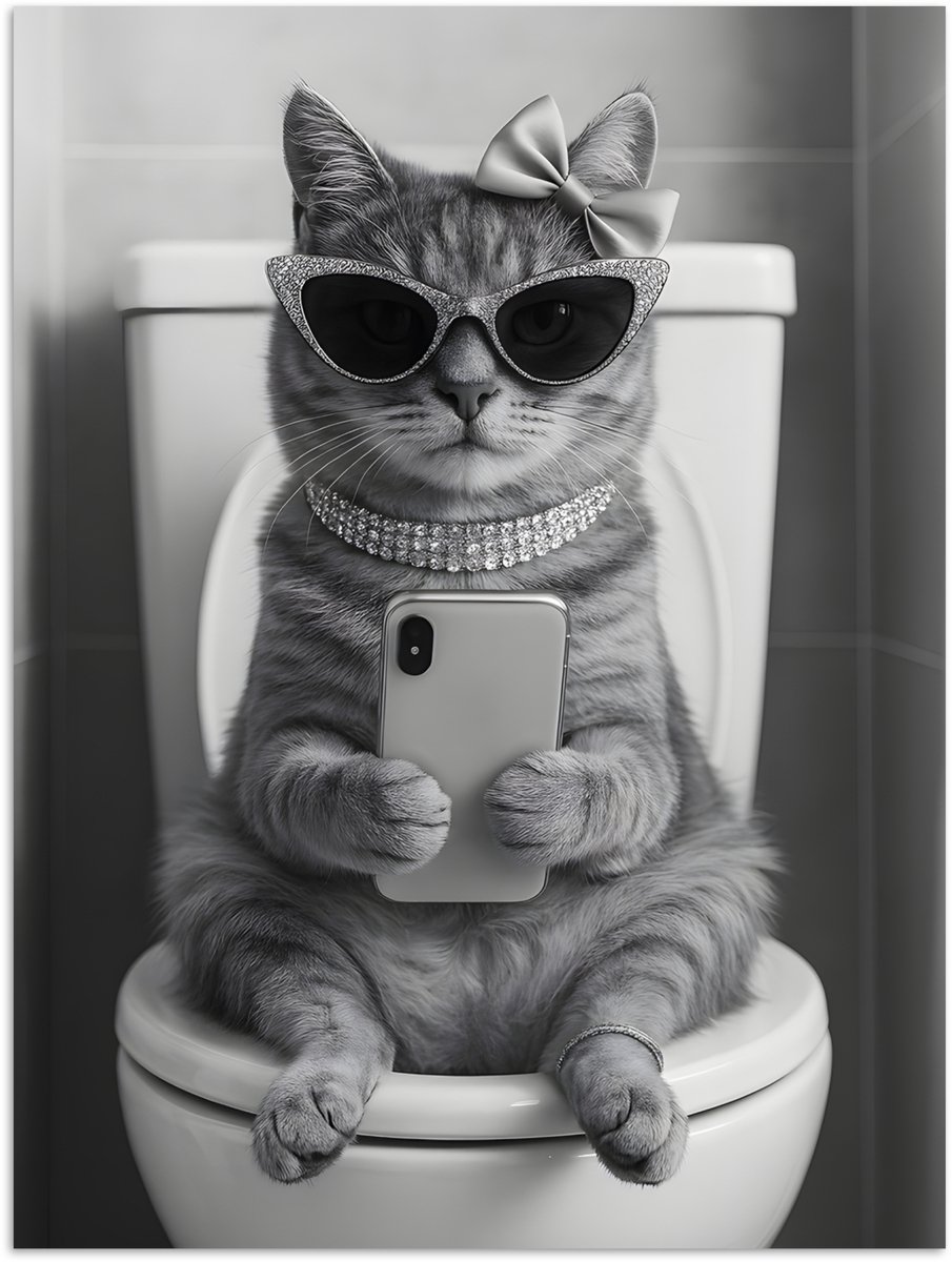 Poster 90x120 cm - Kat - Telefoon - Toilet - Zwart - Wit - Posters - Kamer decoratie - Wan