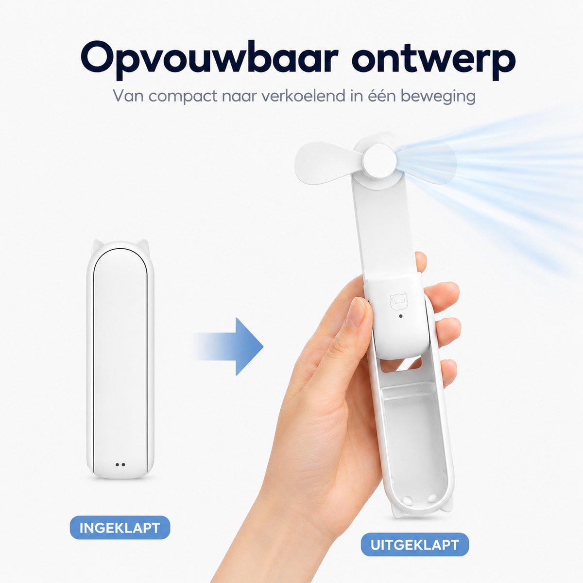Handventilator oplaadbaar - Wit - 3 standen - Hand Ventilator usb - Mini Bureau Waaiers Gezichtsventilator - Portable fan opvliegers Mini ventilator usb Halsventilator - Draagbare ventilator — afbeelding 2