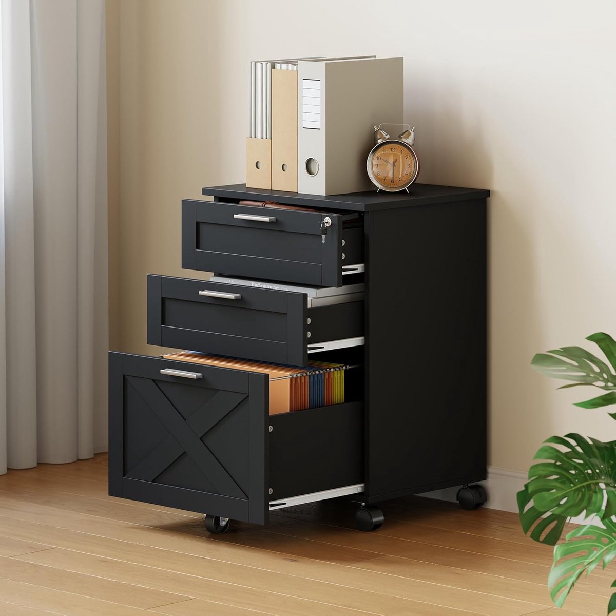 Houten archiefkast met 3 afsluitbare laden, verrijdbare archiefkast voor onder het bureau met wieltjes, stevige opbergkast voor Letter/Legal/A4-formaat, verrijdbare printertafel, zwart