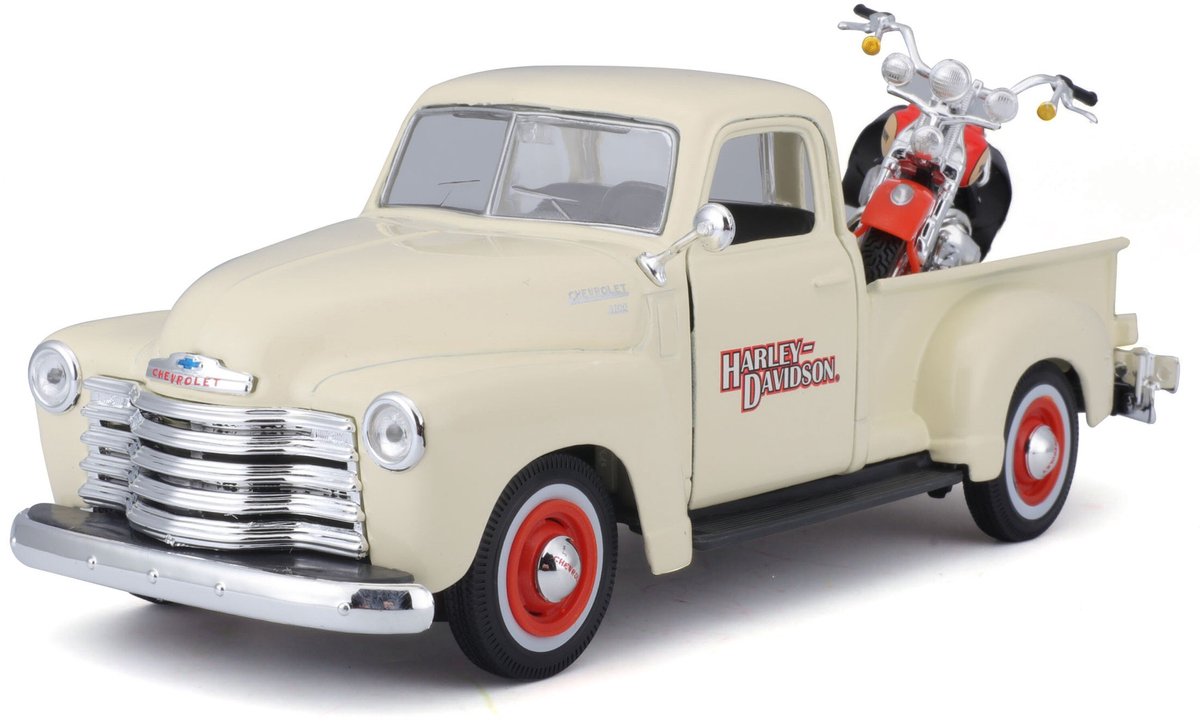 Schaalmodel Chevrolet 3100 pick-up 1950 met Harley Davidson motor 1:24 - speelgoed auto schaalmodel