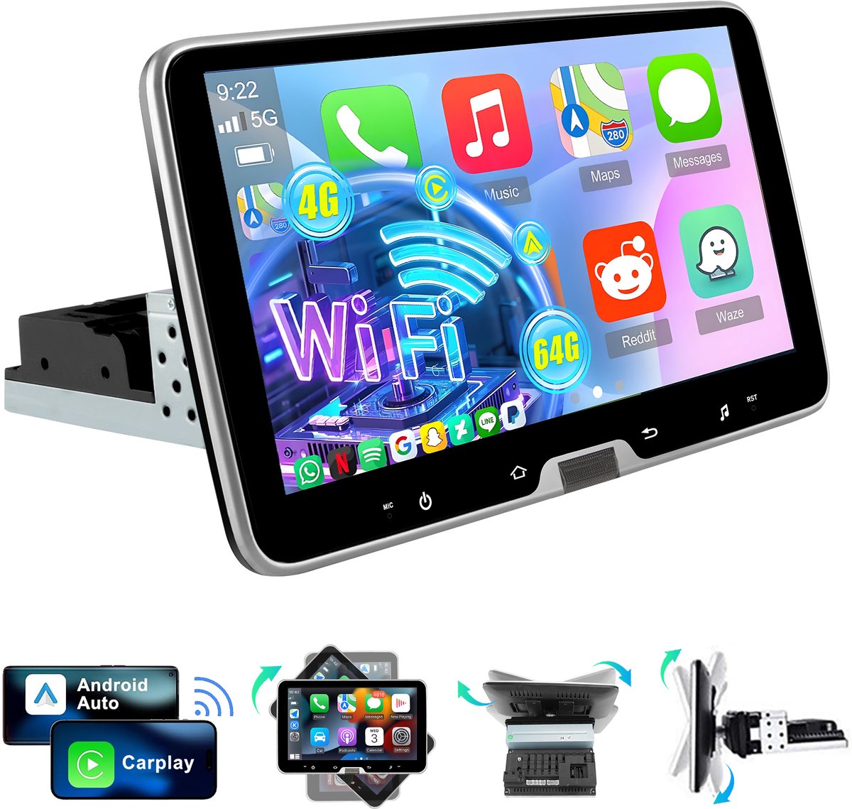 Cestovet 1DIN Autoradio - 360° draaibaar scherm - Android 15 - 4+64G - Draadloos Carplay & Andriod Auto - Bluetooth - GPS-navigatiesystem - Wifi Bluetooth