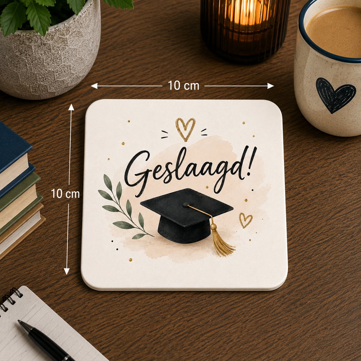 Onderzetter Geslaagd 10x10 cm – Cadeau voor Diploma – Sublimatie Onderzetter met Afstudeerhoed – Vierkante Fotocadeau Onderzetter