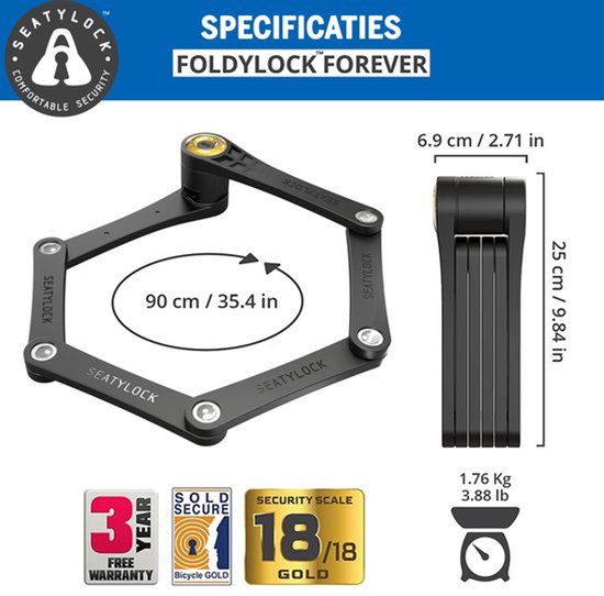Seatylock FoldyLock 90 Fietsslot Vouwslot - ART 3 - 18/18 Gold Hoge Kwaliteit - Voor elk type Fiets - Met Houder 90cm — afbeelding 3