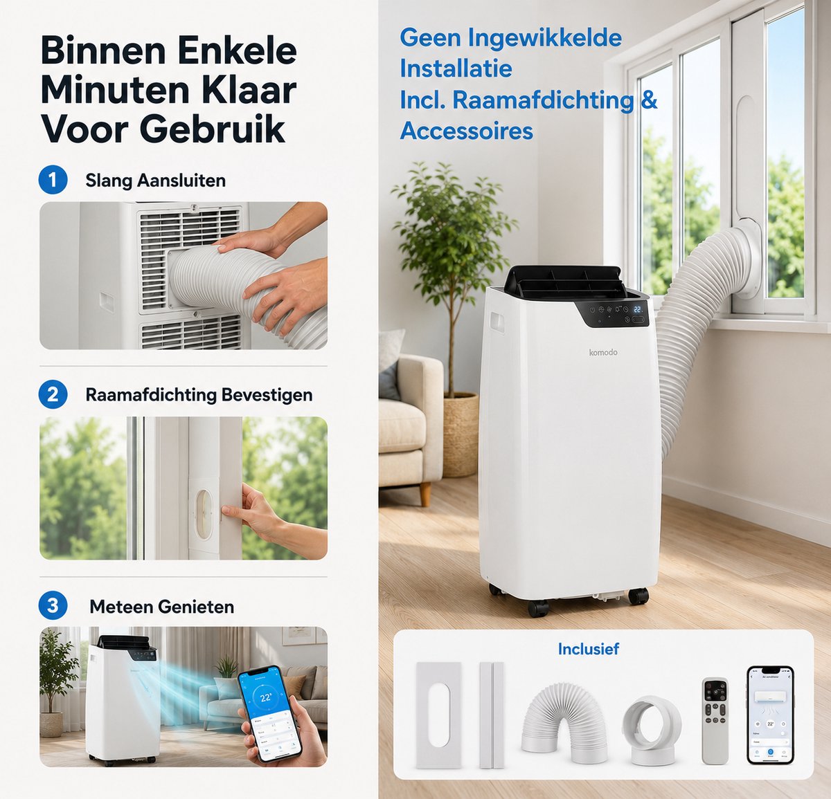 Komodo Frosty+ Mobiele Airco 12000 BTU – 4-in-1 Airconditioner – WiFi App & Afstandsbediening – Airco met Raamafdichtingskit & Afvoerslang – Ontvochtiger & Ventilator — afbeelding 10
