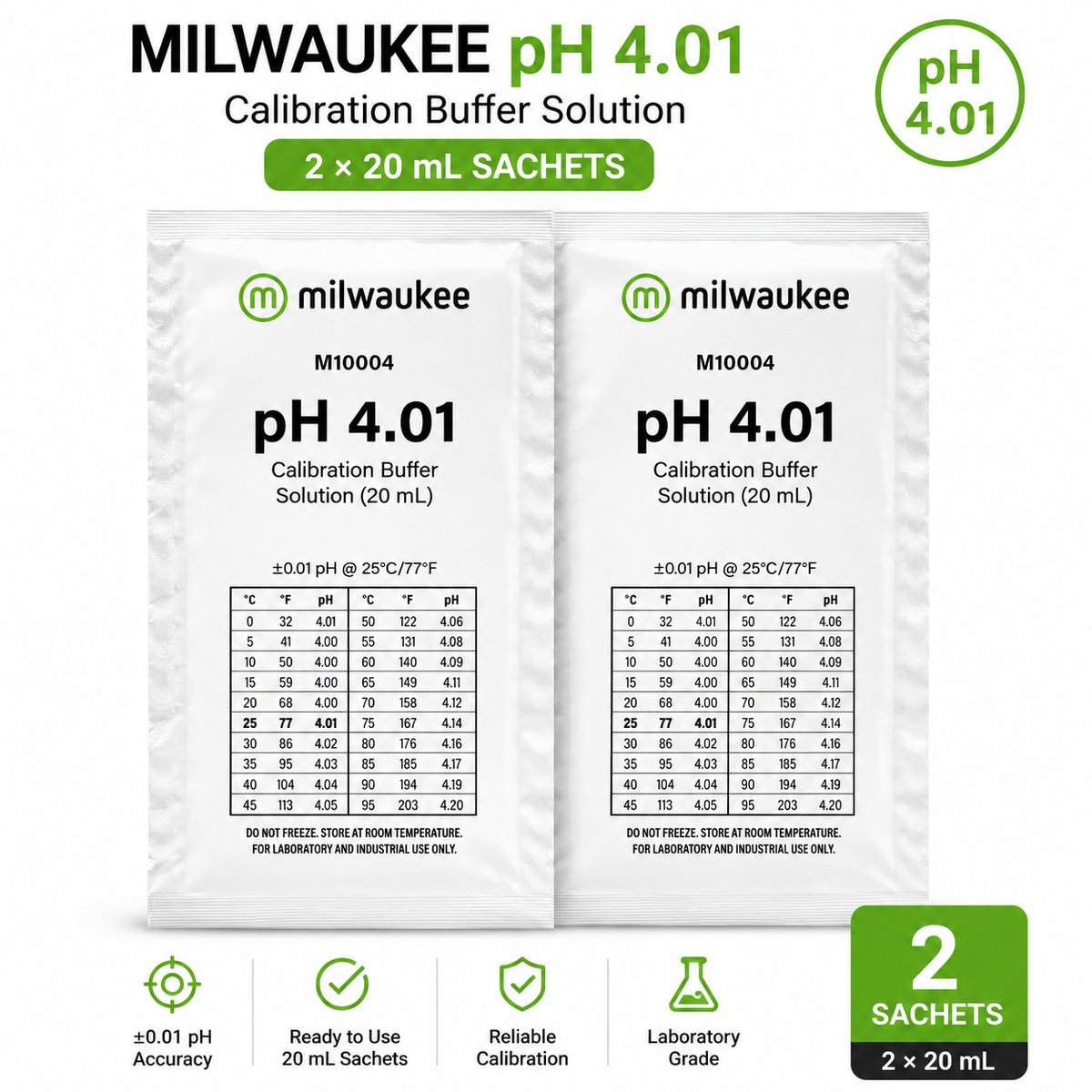 Milwaukee pH 4.01 kalibratiebufferoplossing – Set van 2 sachets (20 ml per sachet)