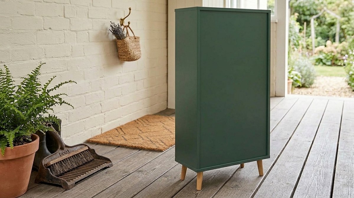 Schoenenkast smal ruimtebesparend 2 kleppen – House&Garden Bjarne wandmontage schoenenopberger bosgroen Scandinavisch design – 59,8 x 19,5 x 92,2 cm – anti-kantel halmeubel met houten eiken handgrepen