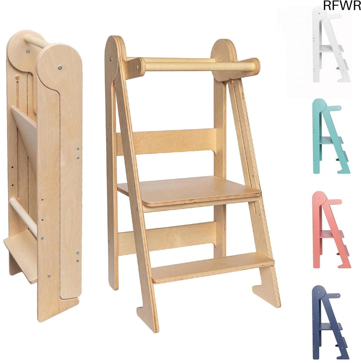 Leertoren Opvouwbaar - Houten Keukentoren - Kinderen Helpen - Verstelbare Hoogte - 91 cm Diep - Natuurlijk Hout