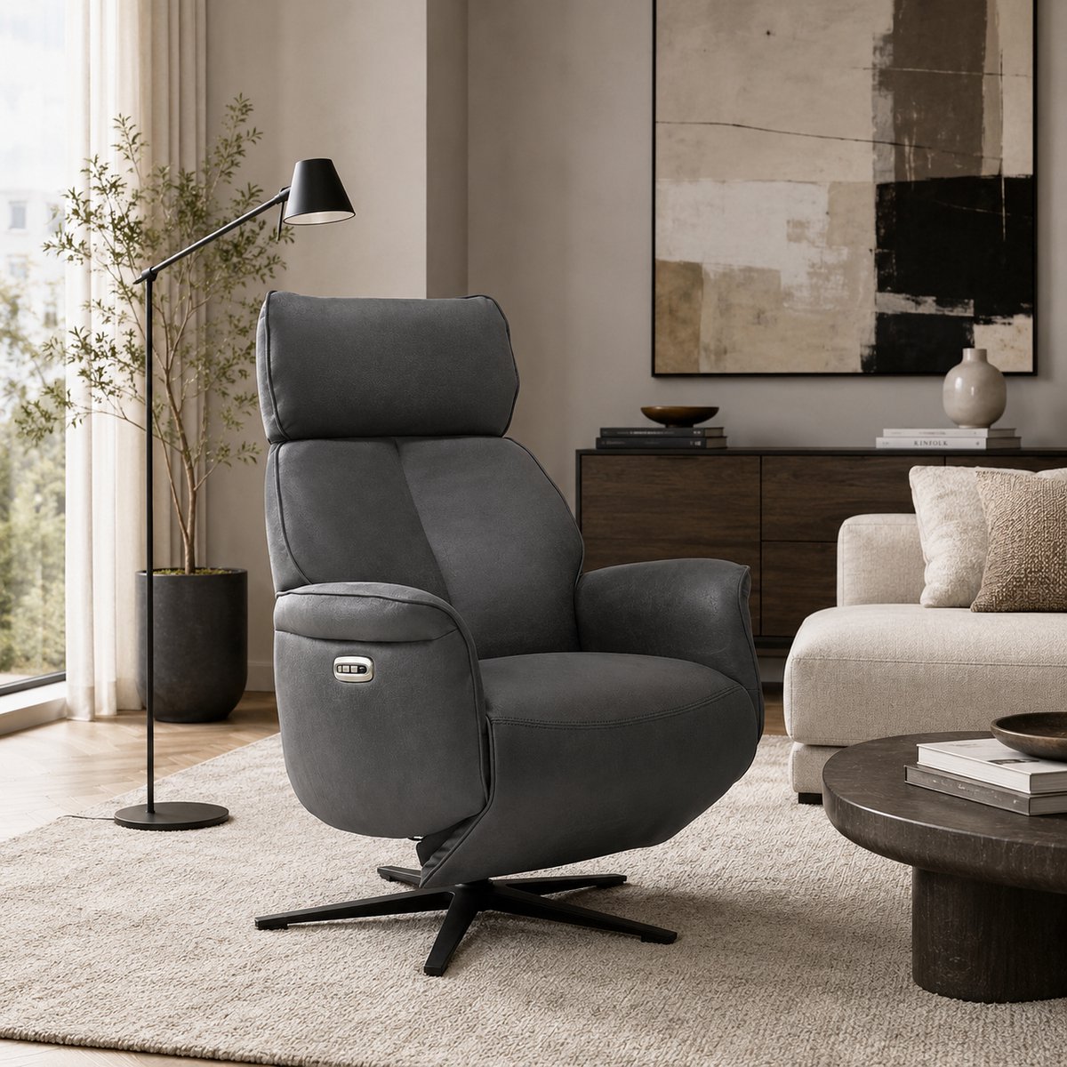 Relaxfauteuil Luuk – Elektrische Relaxstoel met 2 Motoren, USB-poort & Accu – 360° Draaibaar – Micro Leder – Antraciet