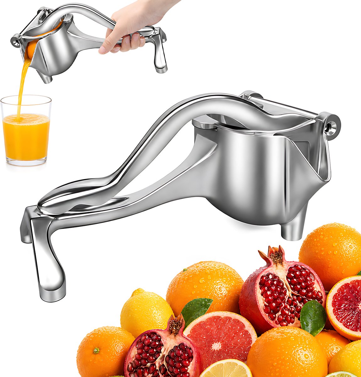 Handmatige Fruitpers 800g - Luxe Citroenpers & Sinaasappelpers - Premium Aluminium Hefboom Granaatappelpers - Handmatige Citruspers & Gemberpers - Zware Kwaliteit - Zilver