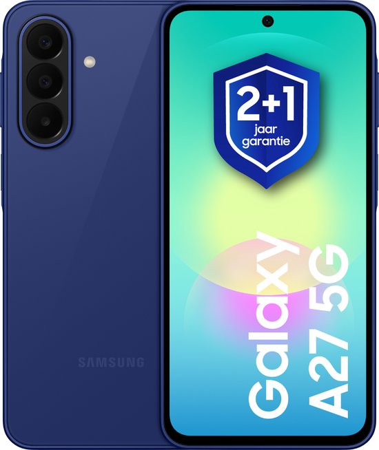 Donkerblauwe Samsung Galaxy A27 5G telefoon, voor- en achterkant tegelijk getoond. Bevat '2+1 jaar garantie' badge.