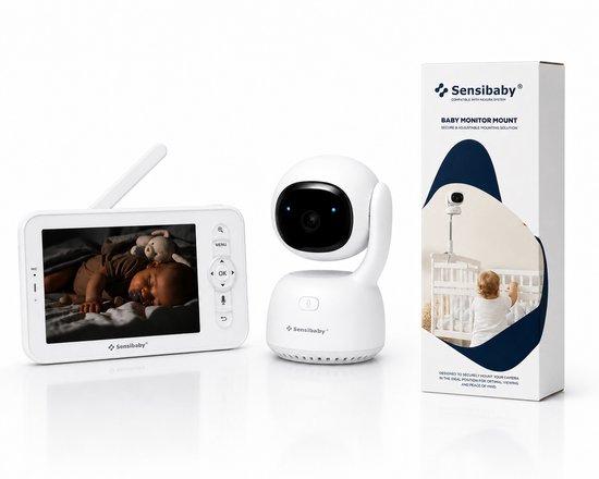 Sensibaby babyfoon set met monitor die baby toont, een camera en de productverpakking met een kindje bij een wieg.
